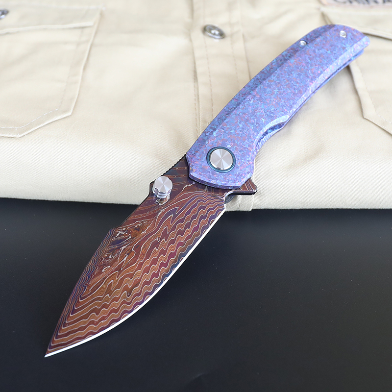 KnifeTW Damascus Folding Knife with Ice Flower Titanium Handle, Liner Lock EDC